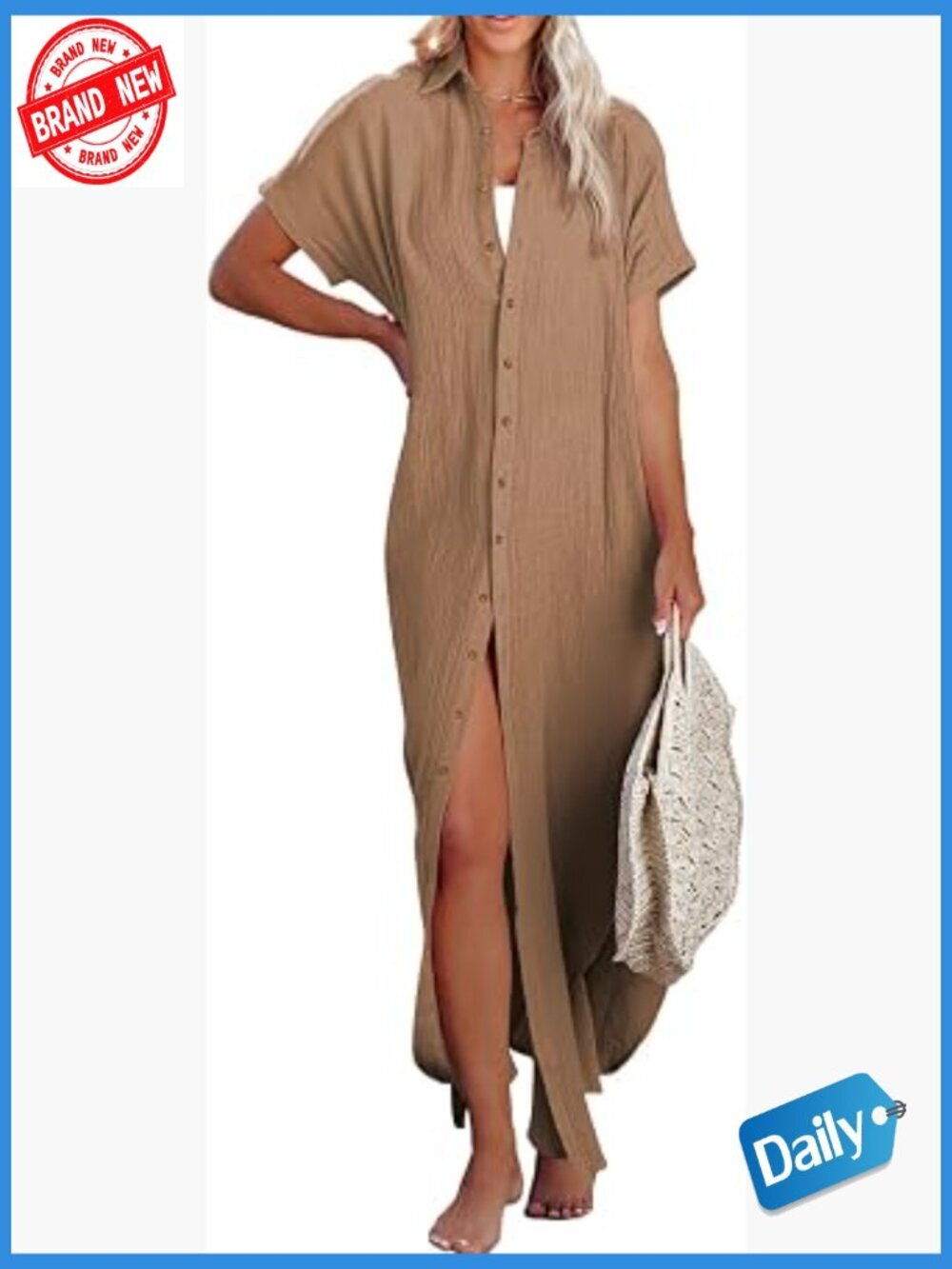 Short Sleeve Button Down Side Split Cardigan - Beach Swim Cover Up